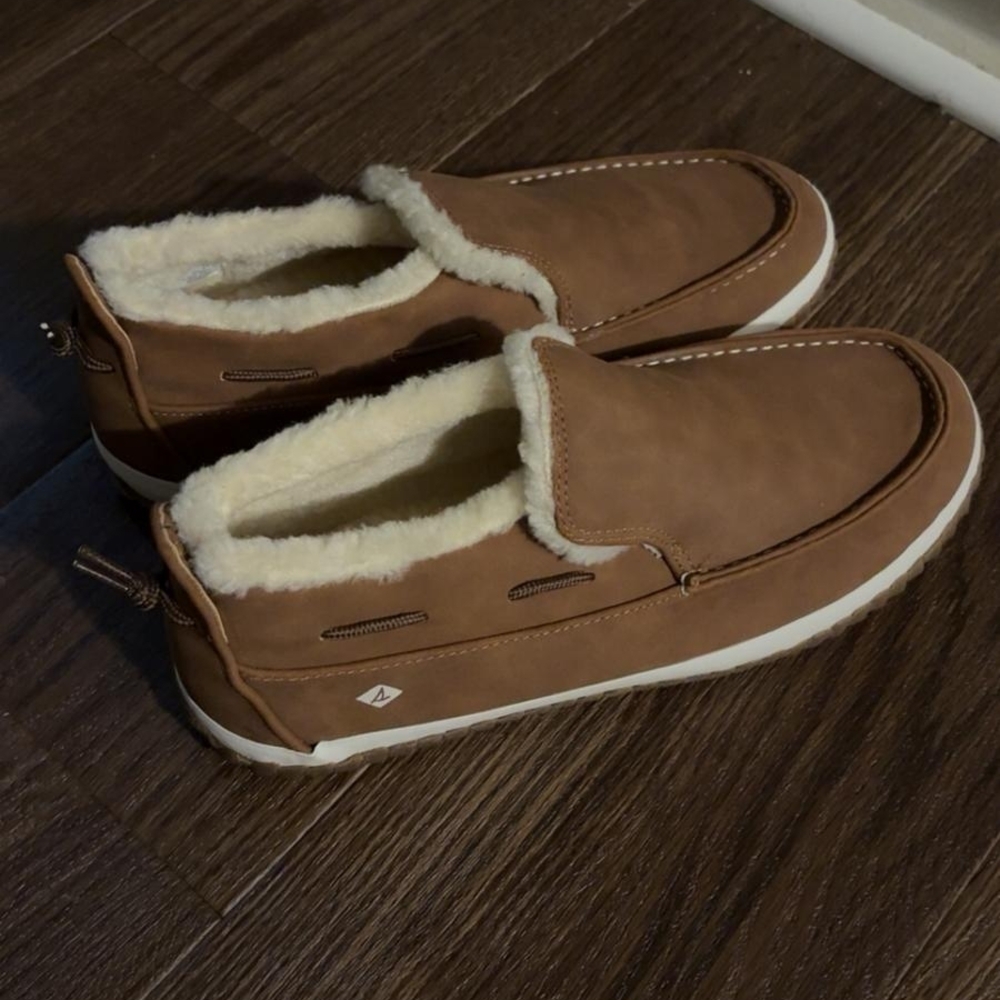 Sperry Moc-Sider Tan Boys Size 5 Or Womens Size 7 Brown Fleece-Lined Loafers